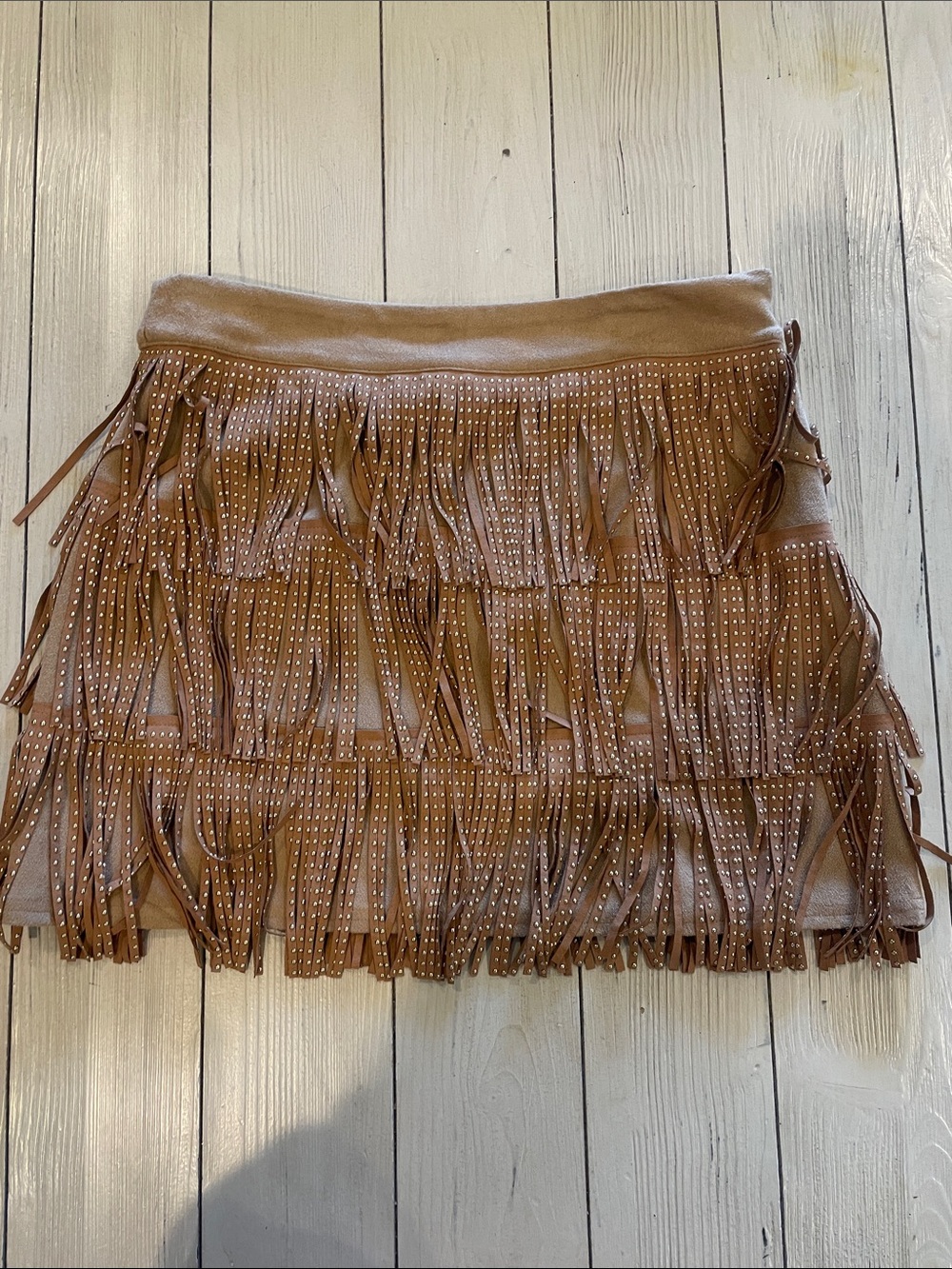 Studded Fringe Mini Skirt - Brown